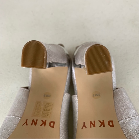 DKNY Col Metallic Silver Glitter Leather Peep Toe Slingback Heeled Sandals - Picture 7 of 9